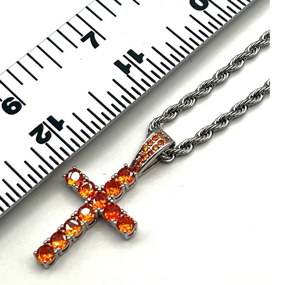 Stainless Steel Chain Necklace With Orange Rhinestone Cross Pendant.   A83 - Picture 9 of 9
